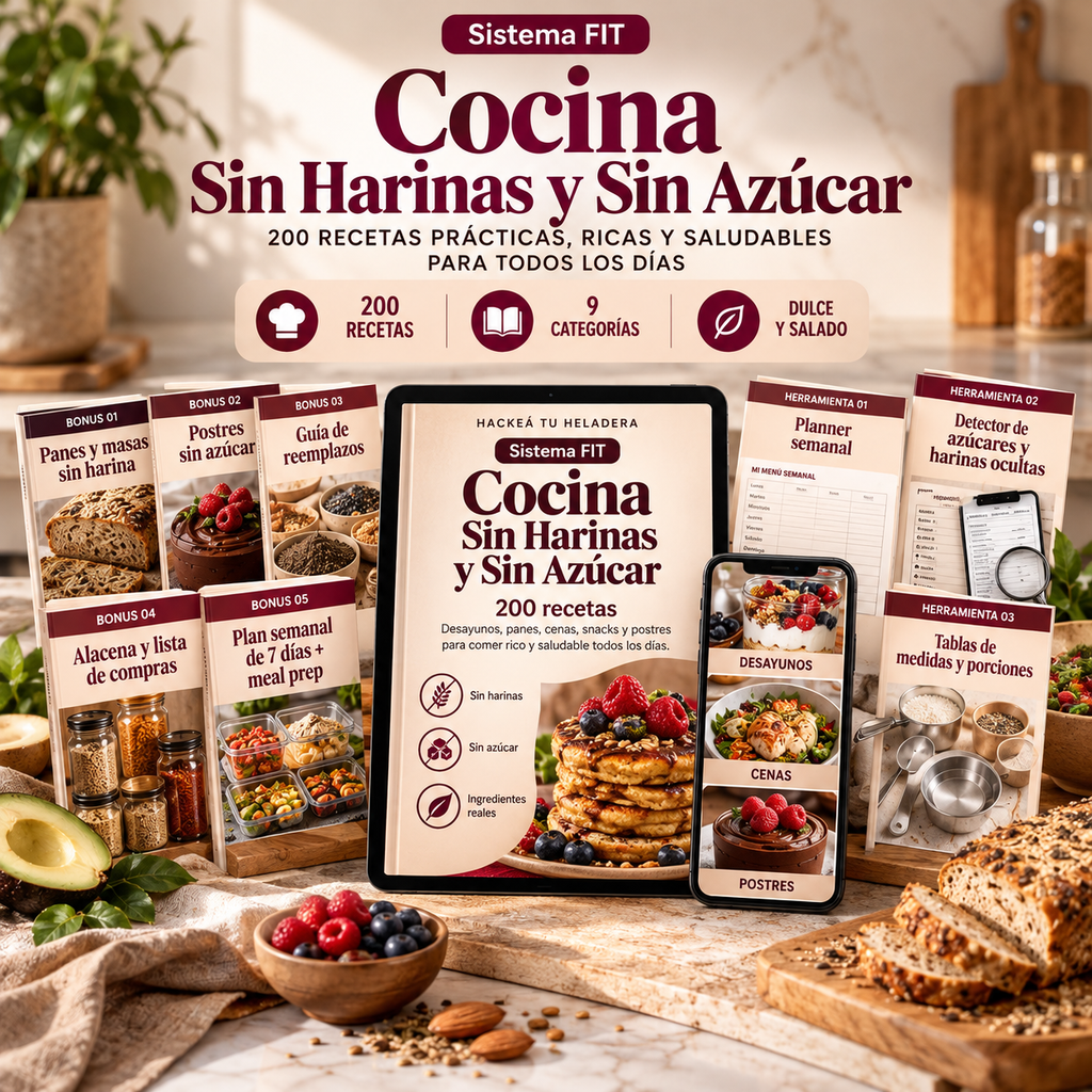 Cocina Sin Harinas y Sin Azúcar | 200 Recetas + 5 Bonus + 3 Herramientas de REGALO!